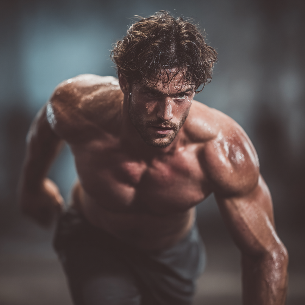 Athletic man in action during intensive workout showing power and dedication