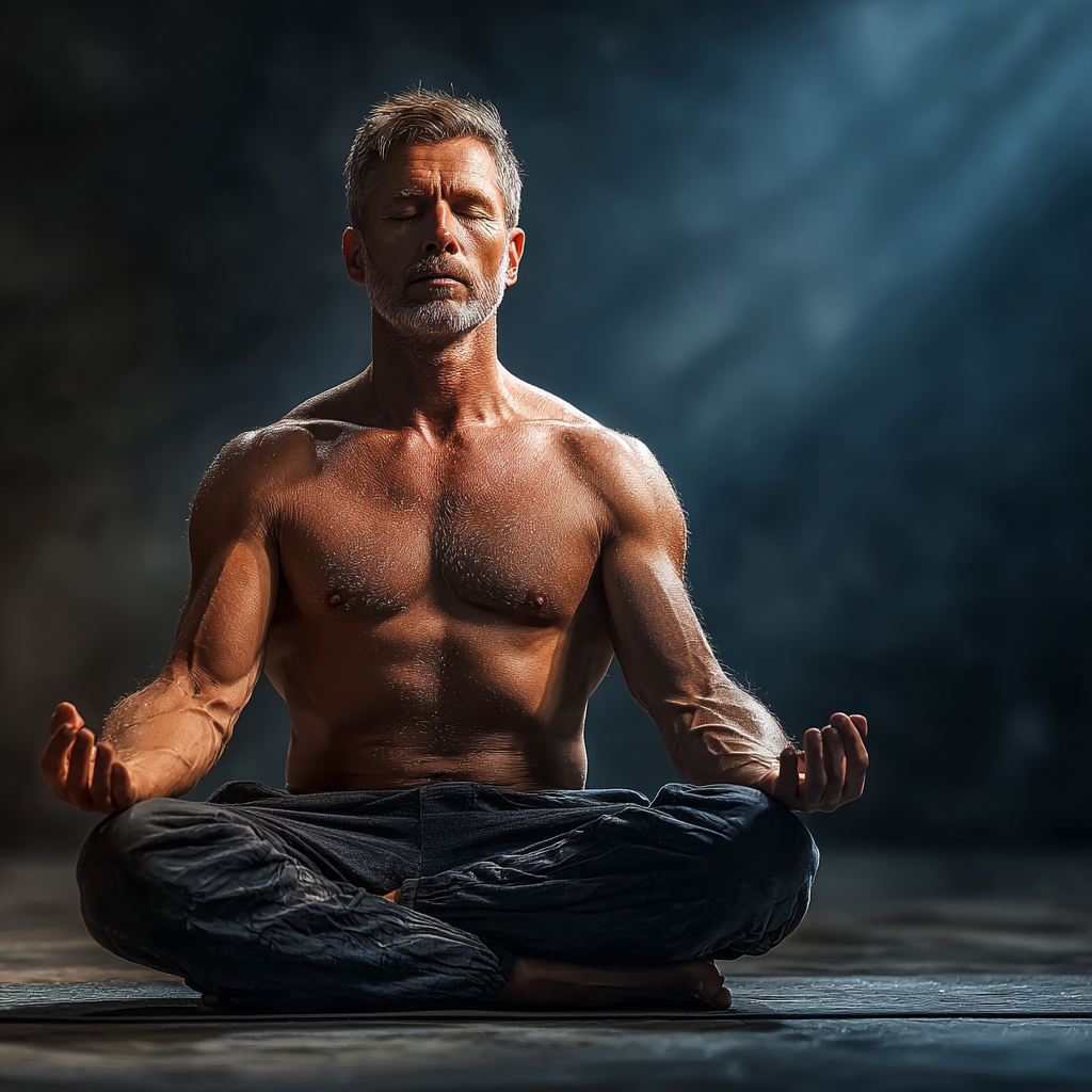 Focused man in meditation pose showing mental strength and inner peace
