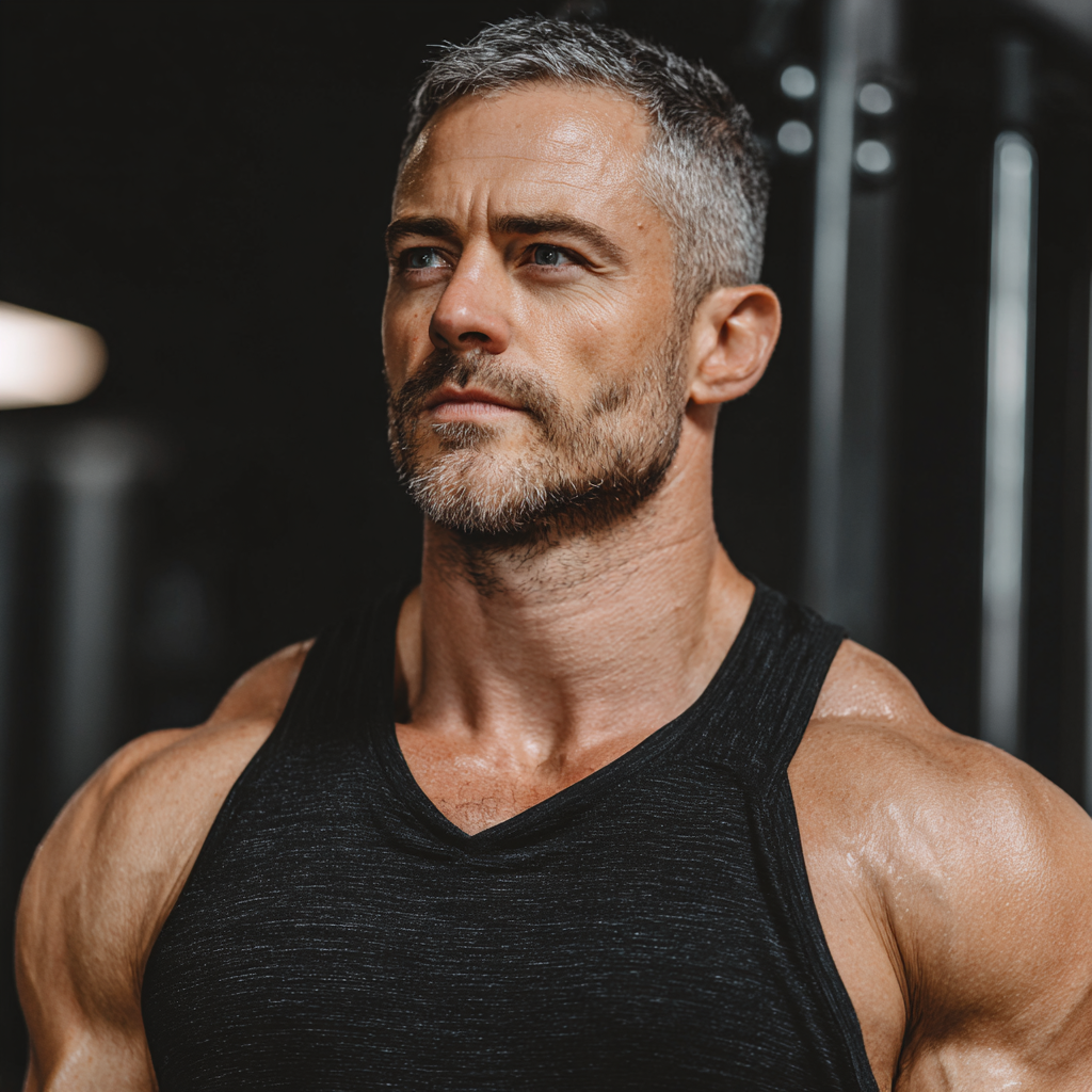 Strong confident man training in modern gym with focused determination